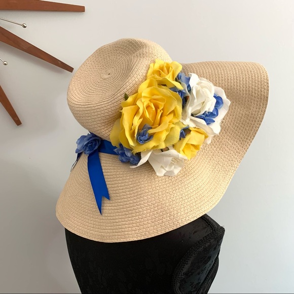 Retro PinUp Floppy Beach Hat, Blue Yellow Flowers - Picture 1 of 10